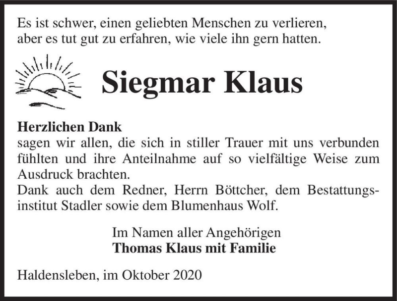  Traueranzeige für Siegmar Klaus  vom 17.10.2020 aus Magdeburger Volksstimme