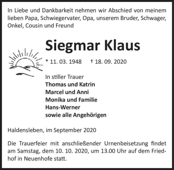 Traueranzeige von Siegmar Klaus  von Magdeburger Volksstimme