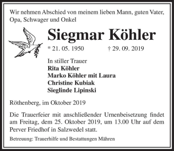 Traueranzeige von Siegmar Köhler  von Magdeburger Volksstimme