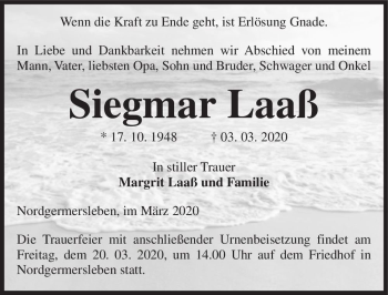 Traueranzeige von Siegmar Laaß  von Magdeburger Volksstimme