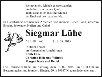 Traueranzeige von Siegmar Lühe  von Magdeburger Volksstimme