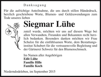 Traueranzeige von Siegmar Lühe  von Magdeburger Volksstimme