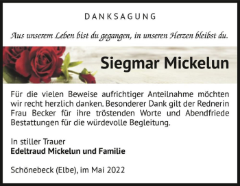 Traueranzeige von Siegmar Mickelun  von Magdeburger Volksstimme