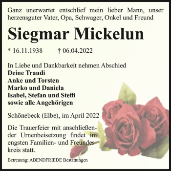 Traueranzeige von Siegmar Mickelun  von Magdeburger Volksstimme