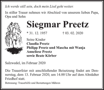 Traueranzeige von Siegmar Preetz  von Magdeburger Volksstimme
