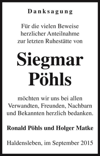 Traueranzeige von Siegmar Pöhls  von Magdeburger Volksstimme