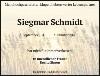 Traueranzeige von Siegmar Schmidt  von Magdeburger Volksstimme