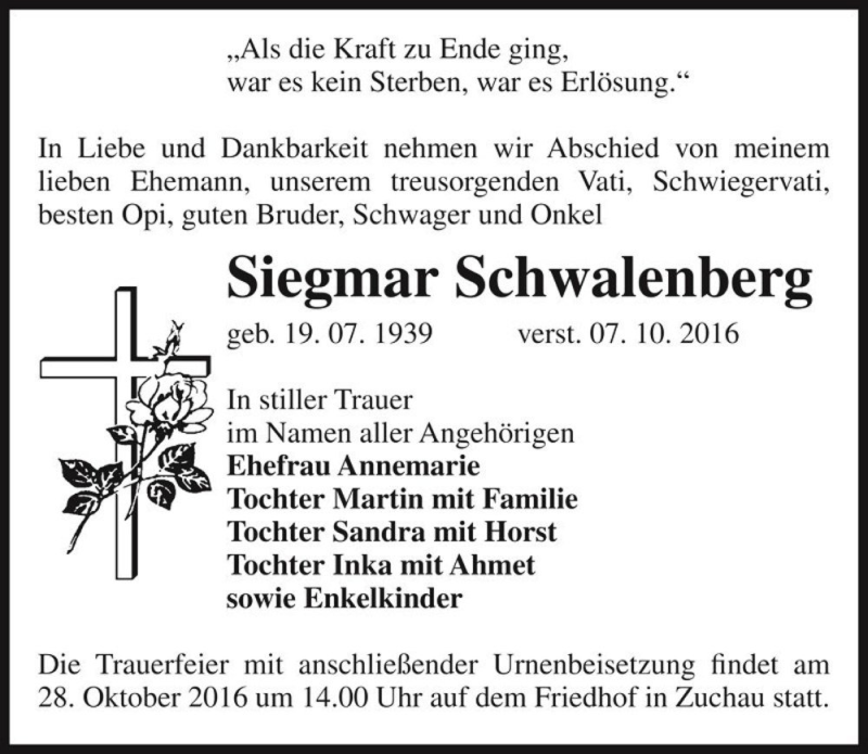  Traueranzeige für Siegmar Schwalenberg  vom 15.10.2016 aus Magdeburger Volksstimme