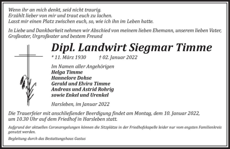  Traueranzeige für Siegmar Timme  vom 08.01.2022 aus Magdeburger Volksstimme