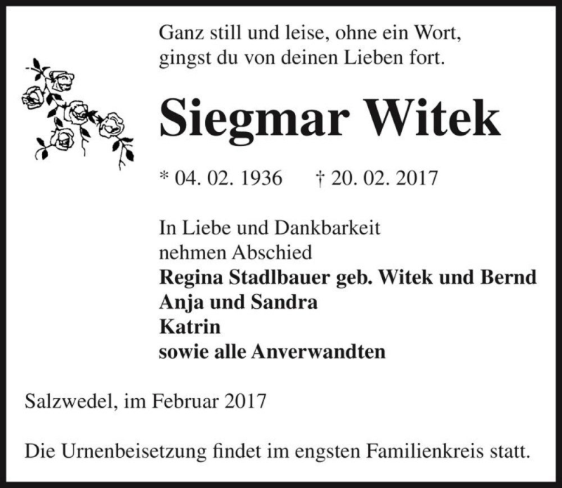  Traueranzeige für Siegmar Witek  vom 23.02.2017 aus Magdeburger Volksstimme