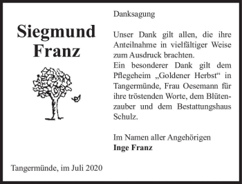 Traueranzeige von Siegmund Franz  von Magdeburger Volksstimme