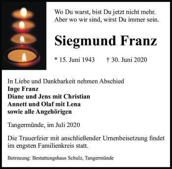Traueranzeige von Siegmund Franz  von Magdeburger Volksstimme