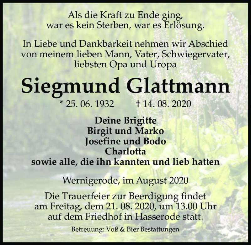  Traueranzeige für Siegmund Glattmann  vom 19.08.2020 aus Magdeburger Volksstimme