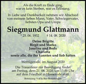 Traueranzeige von Siegmund Glattmann  von Magdeburger Volksstimme