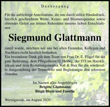 Traueranzeige von Siegmund Glattmann  von Magdeburger Volksstimme