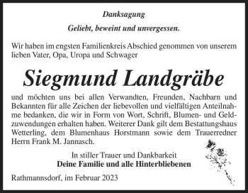 Traueranzeige von Siegmund Landgräbe  von Magdeburger Volksstimme