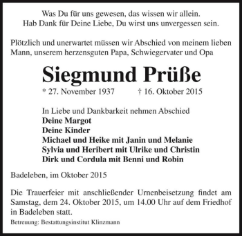 Traueranzeige von Siegmund Prüße  von Magdeburger Volksstimme