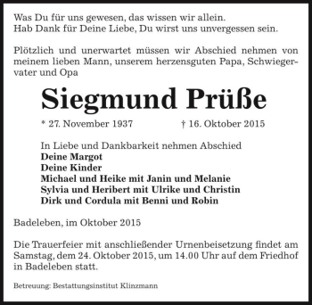Traueranzeige von Siegmund Prüße  von Magdeburger Volksstimme