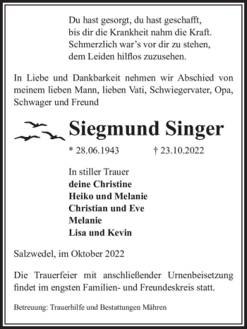 Traueranzeige von Siegmund Singer  von Magdeburger Volksstimme