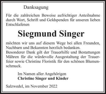 Traueranzeige von Siegmund Singer  von Magdeburger Volksstimme