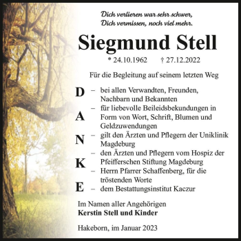 Traueranzeige von Siegmund Stell  von Magdeburger Volksstimme