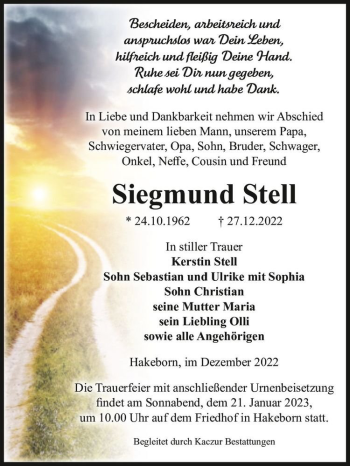 Traueranzeige von Siegmund Stell  von Magdeburger Volksstimme