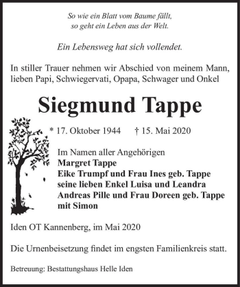 Traueranzeige von Siegmund Tappe  von Magdeburger Volksstimme