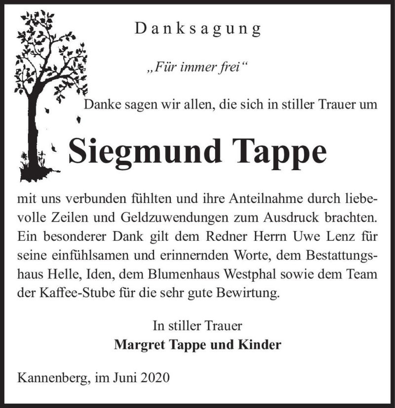  Traueranzeige für Siegmund Tappe  vom 01.07.2020 aus Magdeburger Volksstimme
