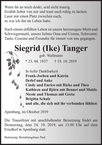 Traueranzeige von Siegrid (Ike) Tanger (geb. Wallmann)  von Magdeburger Volksstimme