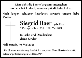 Traueranzeige von Siegrid Baer (geb. Kirst)  von Magdeburger Volksstimme