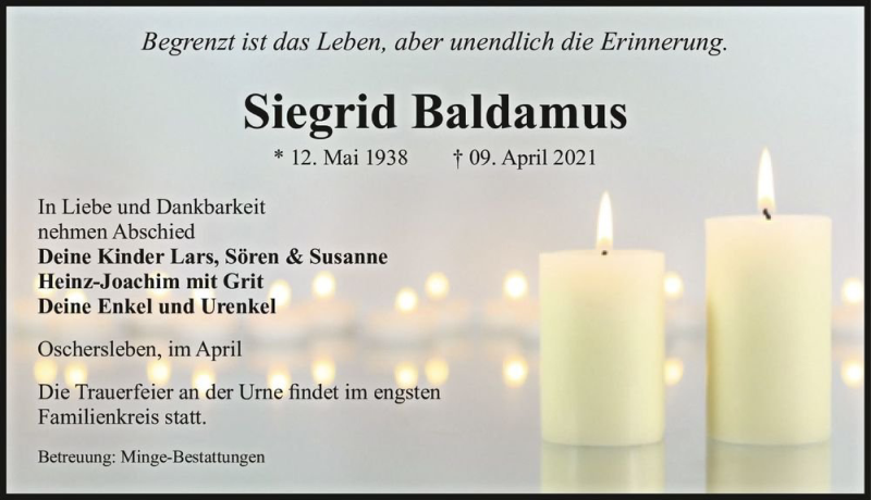  Traueranzeige für Siegrid Baldamus  vom 24.04.2021 aus Magdeburger Volksstimme