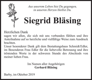 Traueranzeige von Siegrid Bläsing  von Magdeburger Volksstimme