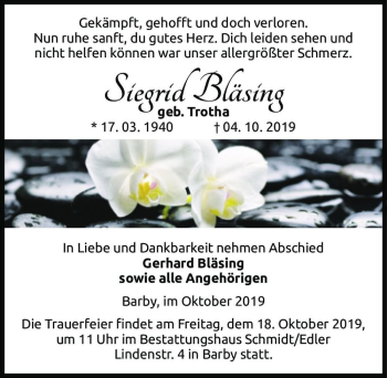 Traueranzeige von Siegrid Bläsing (geb. Trotha)  von Magdeburger Volksstimme