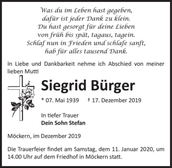 Traueranzeige von Siegrid Bürger  von Magdeburger Volksstimme