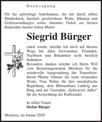 Traueranzeige von Siegrid Bürger  von Magdeburger Volksstimme