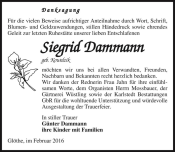 Traueranzeige von Siegrid Dammann (geb. Kowalzik)  von Magdeburger Volksstimme