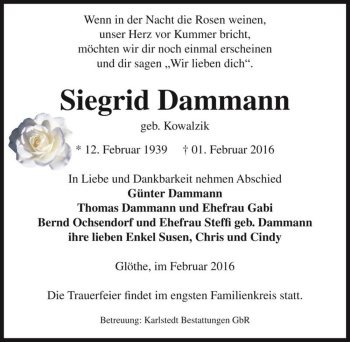 Traueranzeige von Siegrid Dammann (geb. Kowalzik)  von Magdeburger Volksstimme