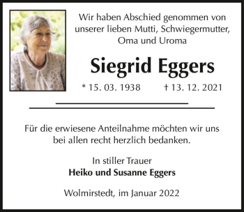 Traueranzeige von Siegrid Eggers  von Magdeburger Volksstimme