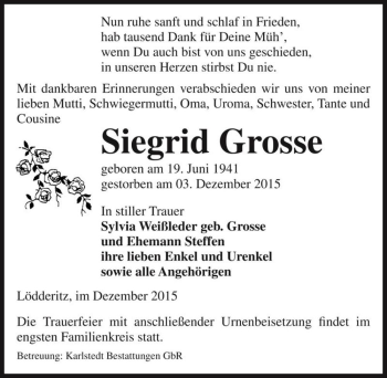 Traueranzeige von Siegrid Grosse  von Magdeburger Volksstimme