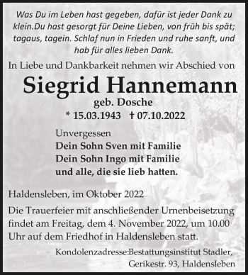 Traueranzeige von Siegrid Hannemann (geb. Dosche)  von Magdeburger Volksstimme