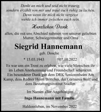 Traueranzeige von Siegrid Hannemann (geb. Dosche)  von Magdeburger Volksstimme