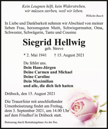 Traueranzeige von Siegrid Hellwig (geb. Streve)  von Magdeburger Volksstimme