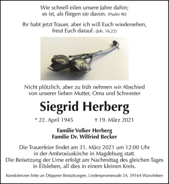 Traueranzeige von Siegrid Herberg  von Magdeburger Volksstimme