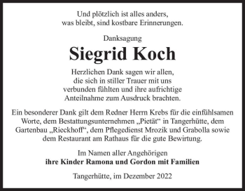 Traueranzeige von Siegrid Koch  von Magdeburger Volksstimme