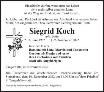Traueranzeige von Siegrid Koch (geb. Sotin)  von Magdeburger Volksstimme