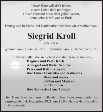 Traueranzeige von Siegrid Kroll (geb. Kissel)  von Magdeburger Volksstimme