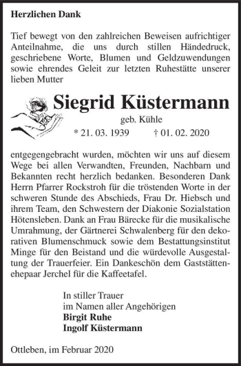 Traueranzeige von Siegrid Küstermann (geb. Kühle)  von Magdeburger Volksstimme