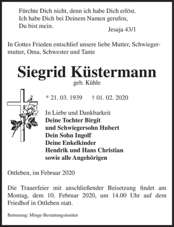 Traueranzeige von Siegrid Küstermann (geb. Kühle)  von Magdeburger Volksstimme
