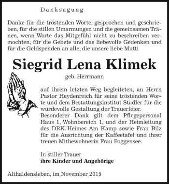 Traueranzeige von Siegrid Lena Klimek (geb. Herrmann)  von Magdeburger Volksstimme
