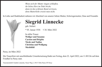 Traueranzeige von Siegrid Linnecke (geb. Siebert)  von Magdeburger Volksstimme